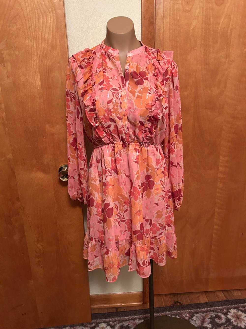 Floral Pink Ruffle-Trim Long-Sleeve Dress